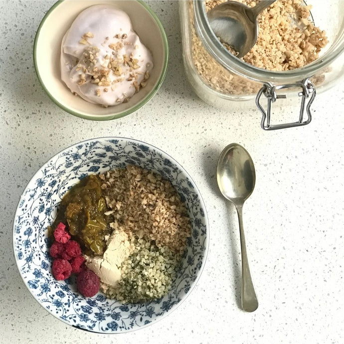 Almond, pecan and coconut Granola with fruits, yogurt and protein powder